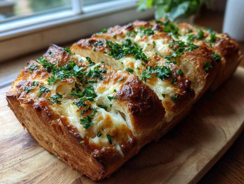 A loaf of amazing 3-cheese bread, baked until golden brown and topped with melted cheese and fresh parsley.