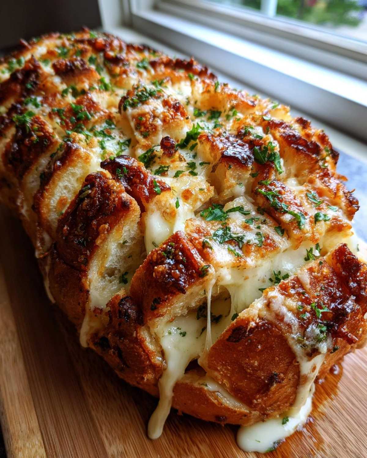 Close-up of a baked loaf of amazing 3-cheese cheese bread, oozing melted cheese and topped with fresh parsley.