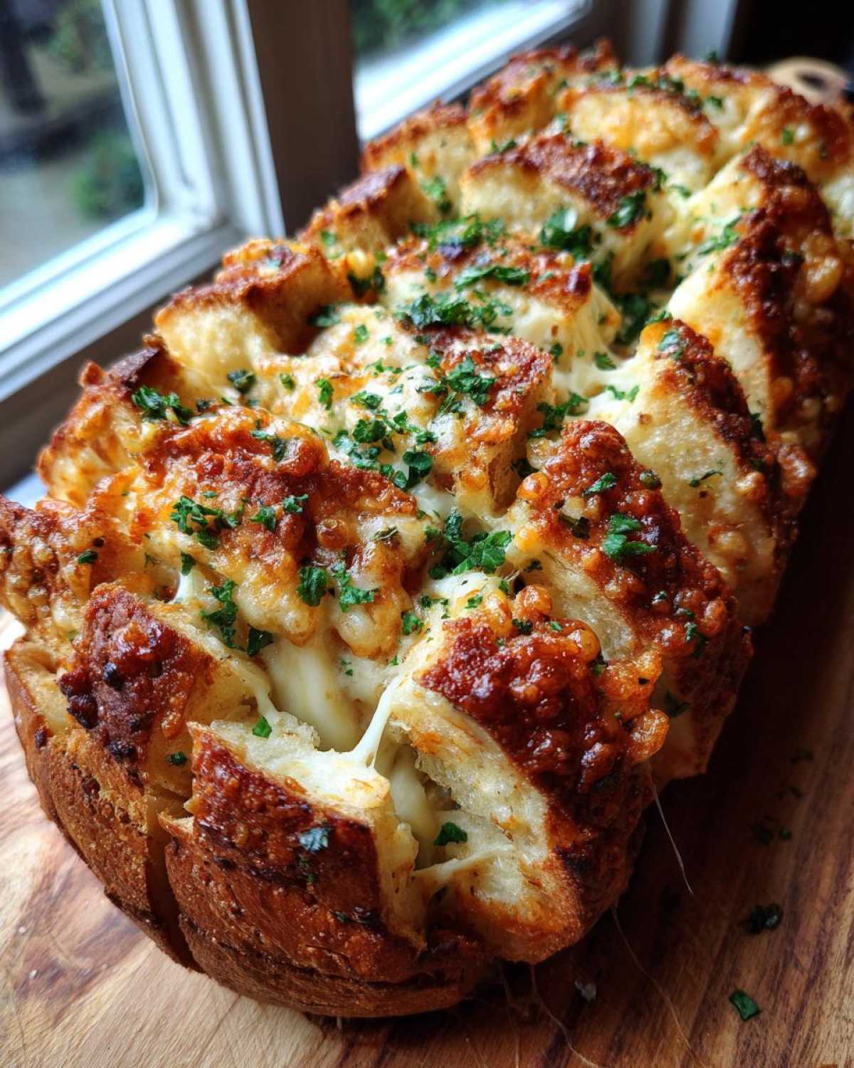 Close-up of baked, pull-apart 3-cheese cheese bread with golden-brown crust and melted cheese strings.