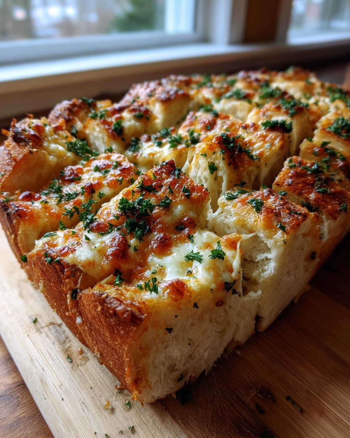 Close-up of a baked loaf of amazing 3-cheese cheese bread, scored and topped with melted cheese and parsley.