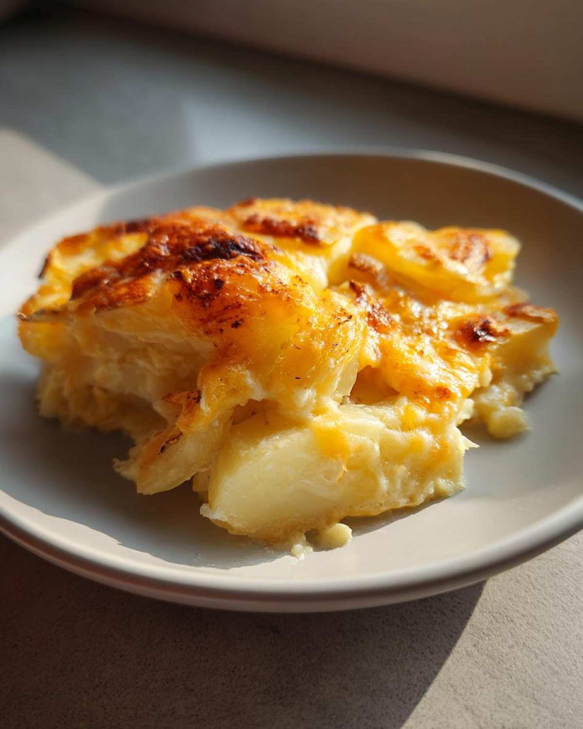 A close-up serving of creamy, cheesy potato casserole with a golden-brown, slightly charred top.