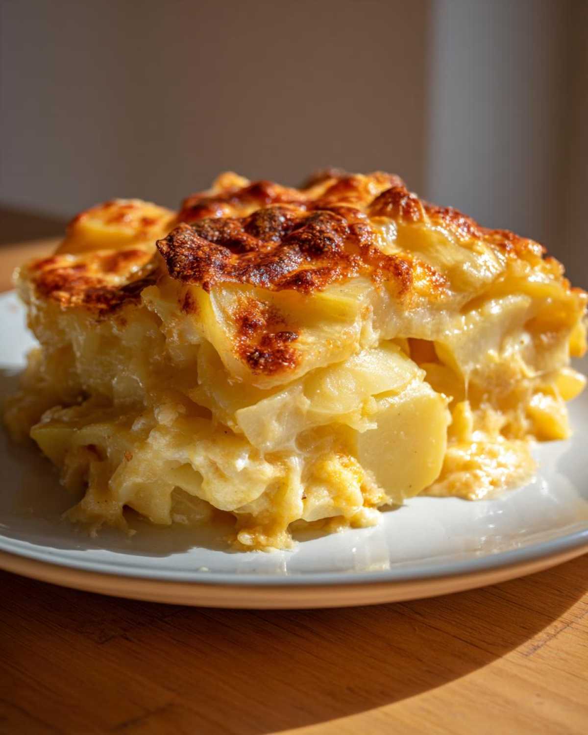 Close-up of a rich, cheesy slice of potato casserole with a deeply browned, bubbly top.