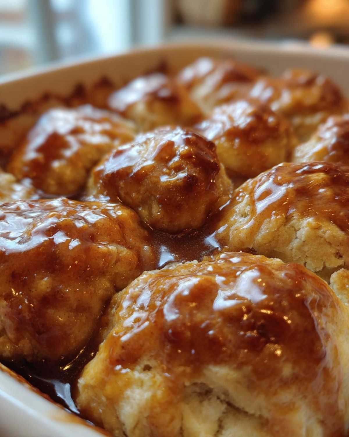 Close-up of several baked apple dumpling portions covered in a rich, glossy caramel sauce in a white baking dish.