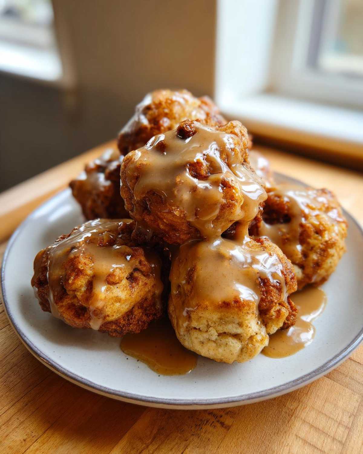 A stack of golden baked apple fritters generously drizzled with a thick, brown caramel glaze.