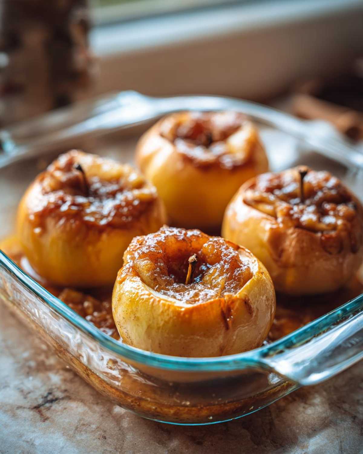 Four golden brown baked apples with caramelized filling sitting in a clear glass baking dish.