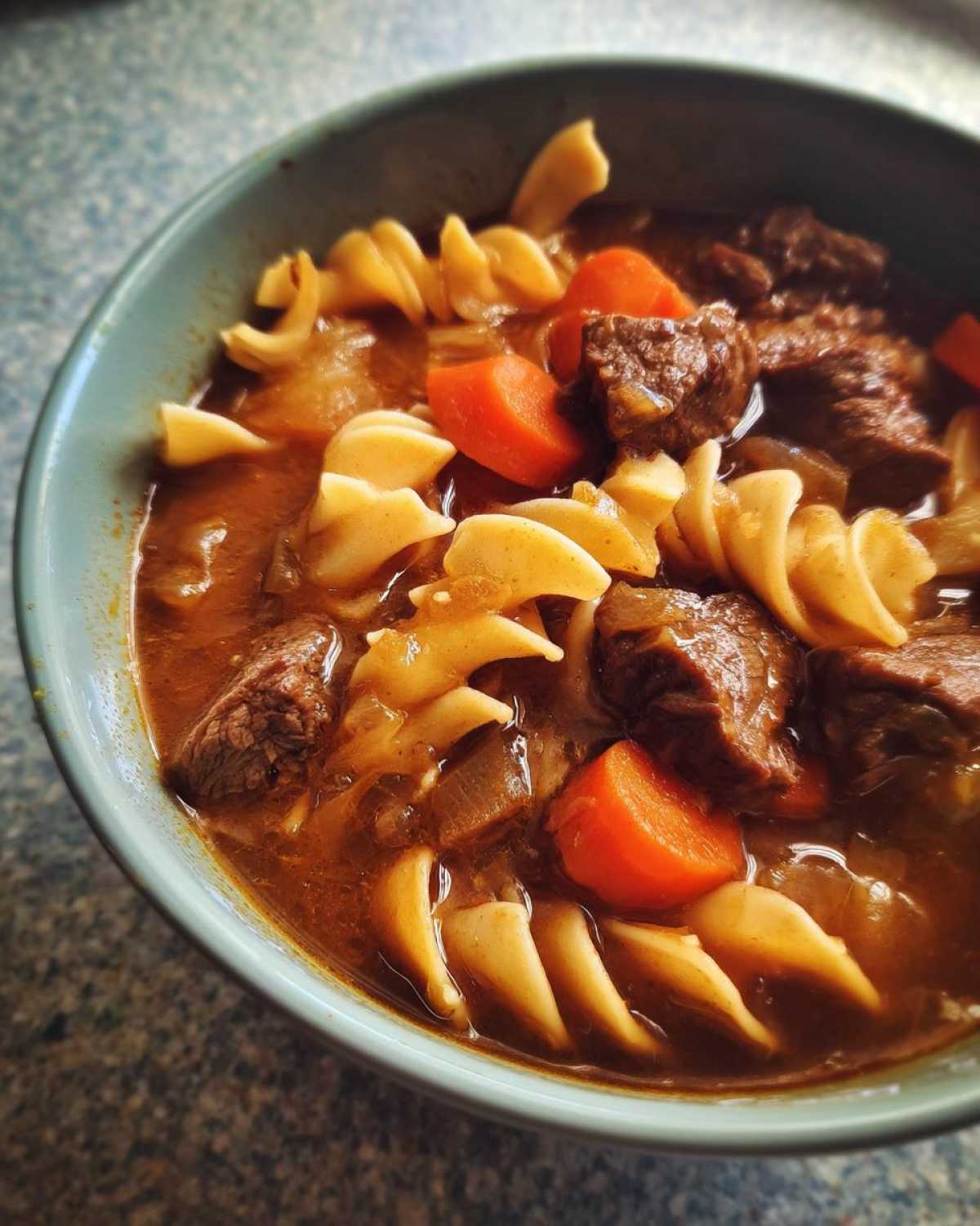 Close-up of a bowl of rich beef noodle soup featuring chunks of beef, sliced carrots, and wide egg noodles.