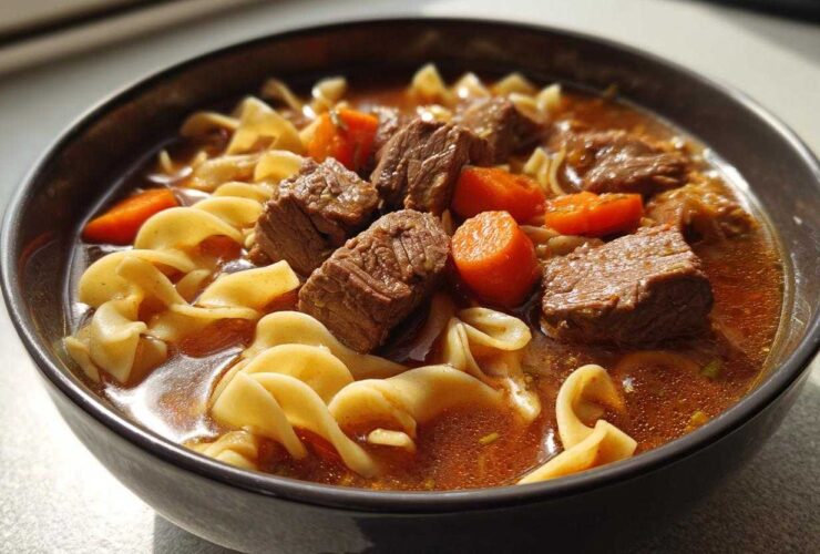 Close-up of a rich beef noodle soup featuring tender beef chunks, egg noodles, and bright orange carrots.