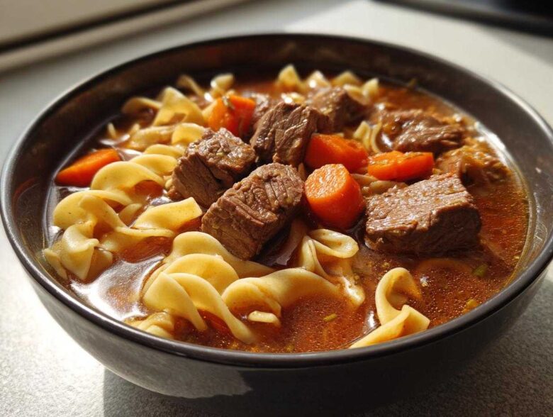 Close-up of a rich beef noodle soup featuring tender beef chunks, egg noodles, and bright orange carrots.