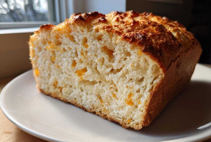 Cross-section of a loaf of amazing beer bread showing a soft, airy crumb dotted with melted cheddar cheese pieces.