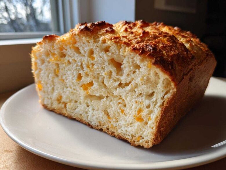 Cross-section of a loaf of amazing beer bread showing a soft, airy crumb dotted with melted cheddar cheese pieces.