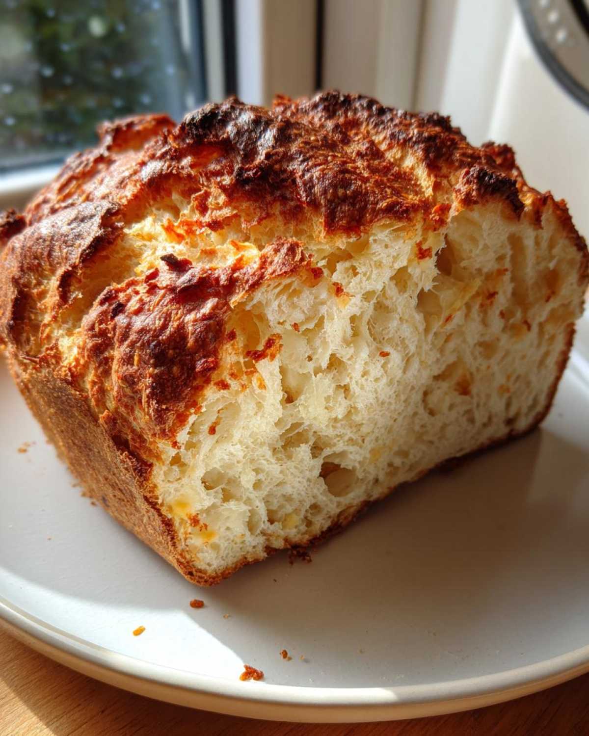 Close-up of a freshly baked beer bread loaf showing its fluffy, open crumb and dark, crusty top.