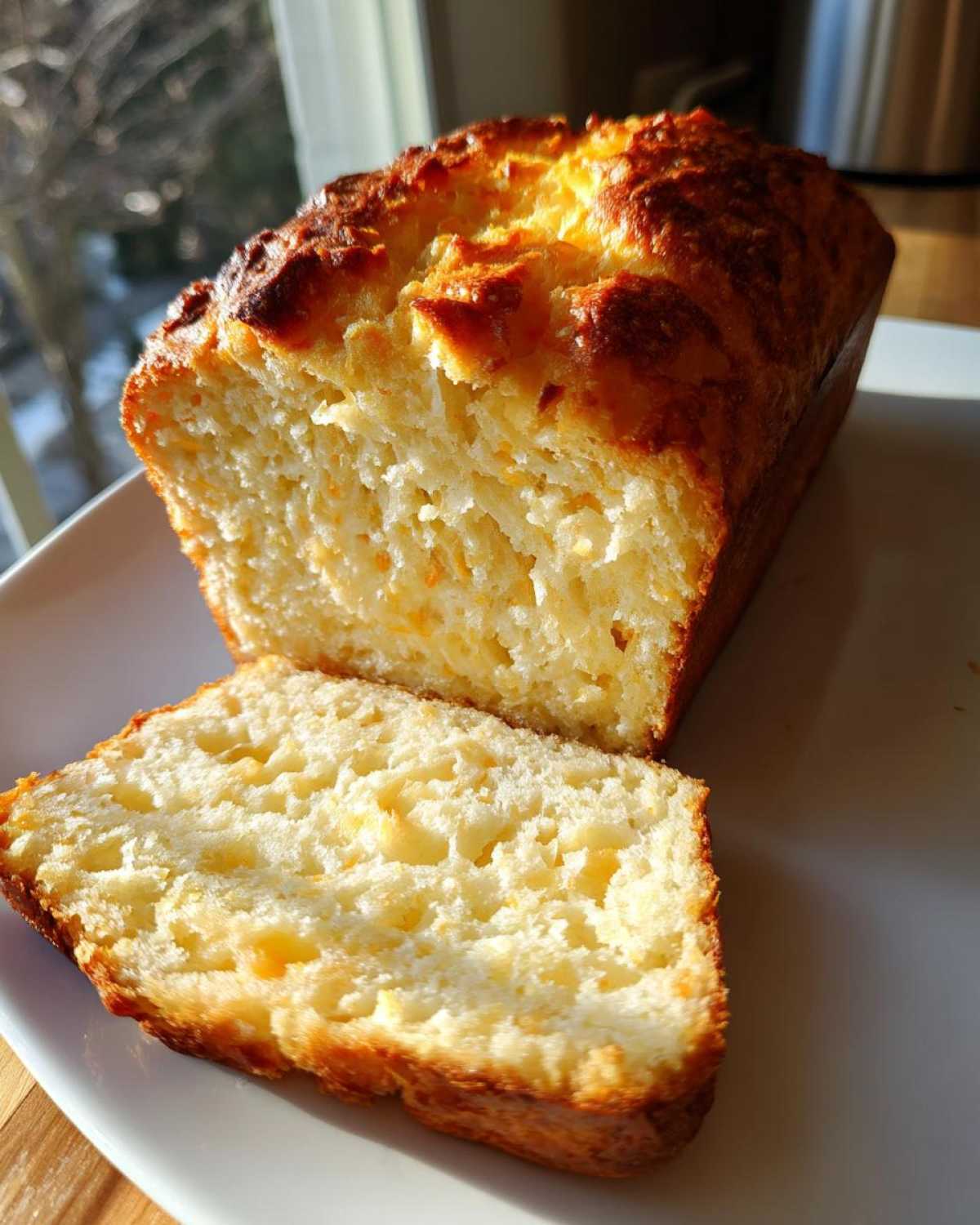 A loaf of amazing beer bread, sliced to show the soft, golden interior and crust.
