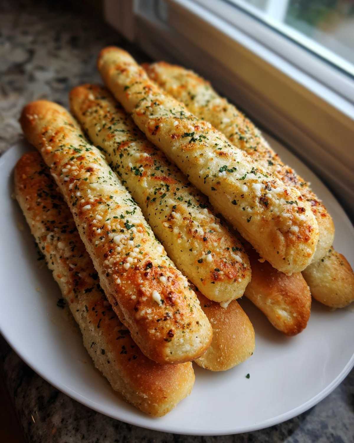 A plate piled high with freshly baked, golden breadsticks topped with melted cheese and herbs.