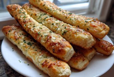 A close-up of several golden, cheesy breadsticks topped with garlic and parsley served on a white plate.