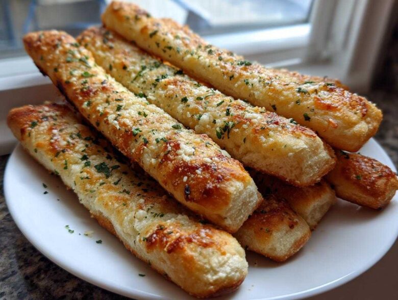 A close-up of several golden, cheesy breadsticks topped with garlic and parsley served on a white plate.
