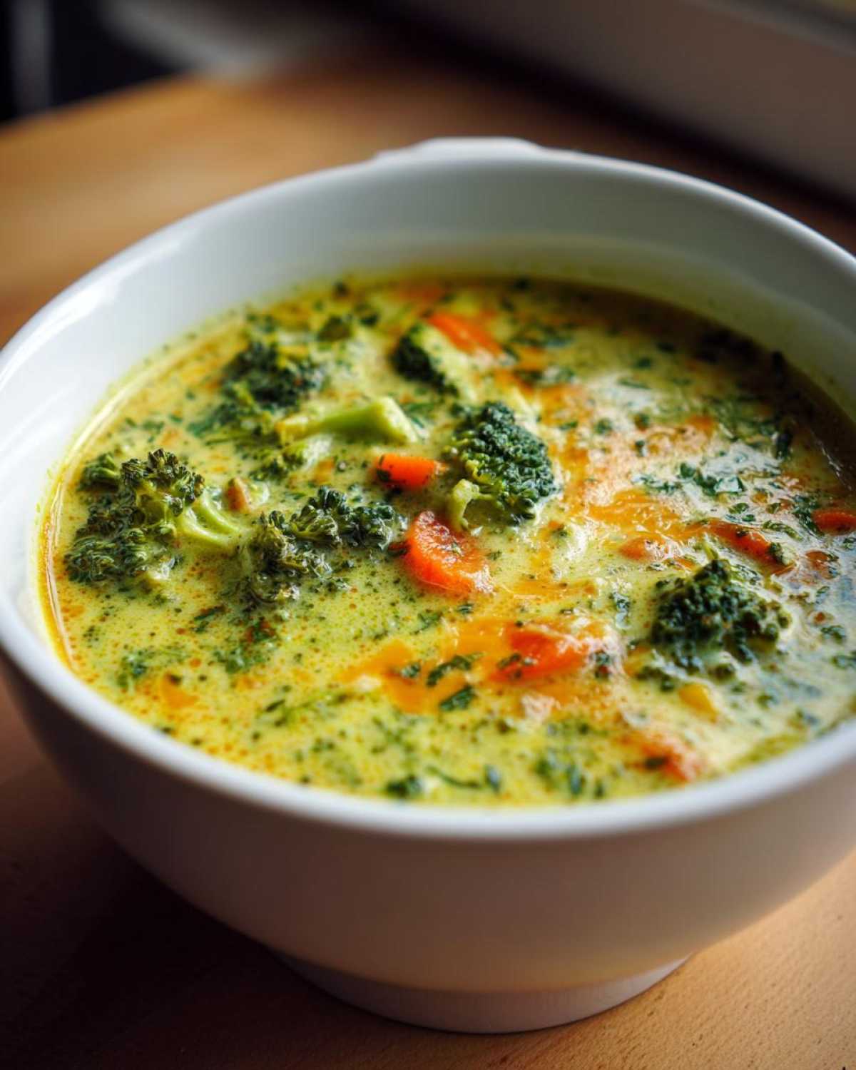 Close-up of a creamy, yellow-green bowl of broccoli cheddar soup with visible chunks of broccoli and carrots.