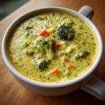 Close-up of a white mug filled with creamy, cheesy broccoli cheddar soup, featuring visible florets and carrots.
