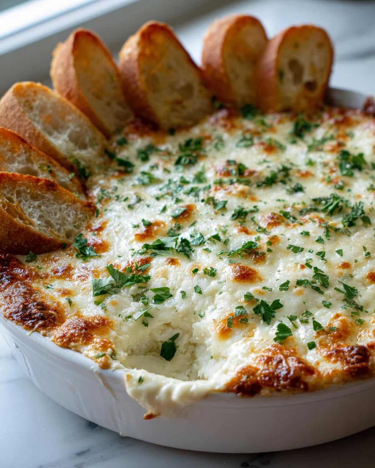 Close-up of a baked, cheesy bread dip topped with parsley, served with toasted baguette slices for dipping.