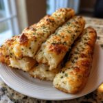 A stack of golden, cheesy garlic breadsticks topped with melted cheese and green herbs on a white plate.