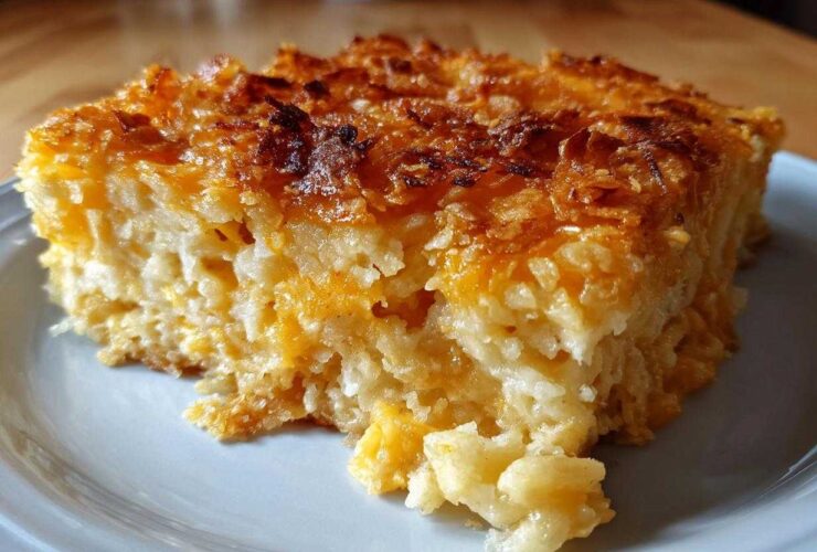 A close-up of a serving of cheesy potato casserole with a golden, crispy, baked cheese topping.