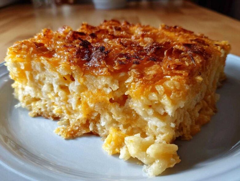 A close-up of a serving of cheesy potato casserole with a golden, crispy, baked cheese topping.