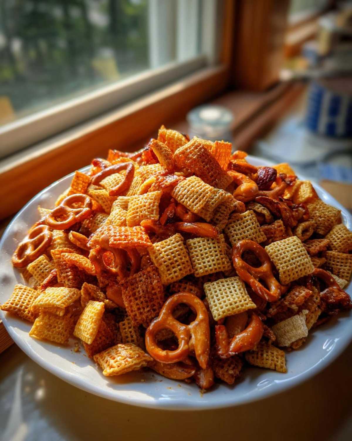 A large mound of freshly made, glazed chex party mix featuring square cereal pieces and pretzels on a white plate.