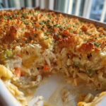 Close-up of a creamy chicken noodle casserole with a golden, crunchy breadcrumb topping and visible shredded chicken.