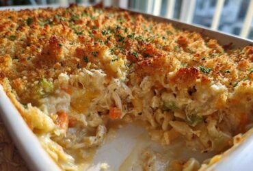 Close-up of a creamy chicken noodle casserole with a golden, crunchy breadcrumb topping and visible shredded chicken.