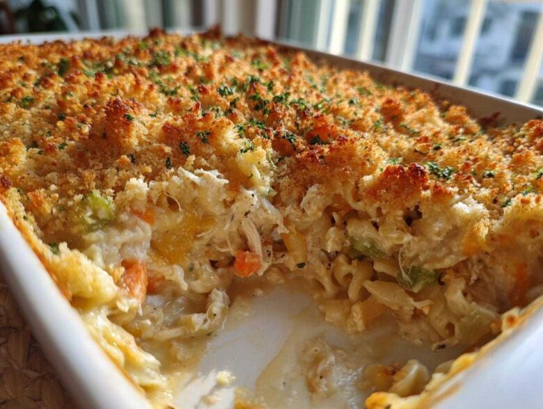 Close-up of a creamy chicken noodle casserole with a golden, crunchy breadcrumb topping and visible shredded chicken.
