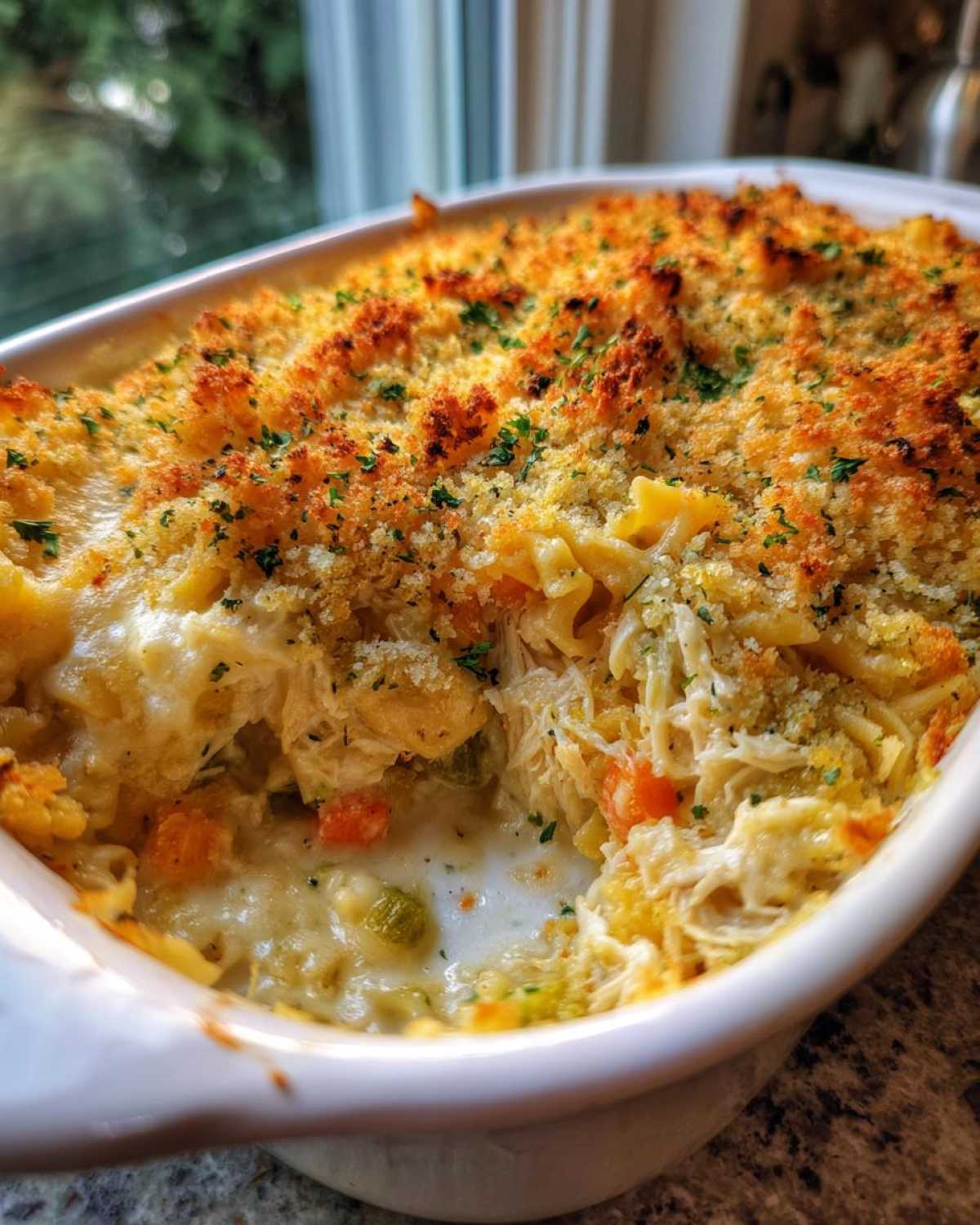 A scoop has been taken out of a baked chicken noodle casserole, revealing creamy filling and a crunchy, golden breadcrumb topping.