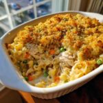 Close-up of creamy chicken noodle casserole with shredded chicken, peas, carrots, and a golden breadcrumb topping.