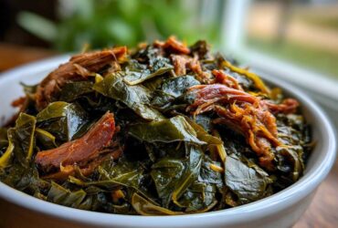 A close-up of tender, slow-cooked collard greens topped with shredded smoked meat in a white bowl.