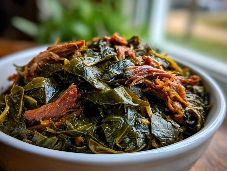 A close-up of tender, slow-cooked collard greens topped with shredded smoked meat in a white bowl.