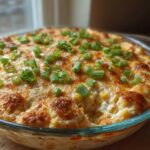 Close-up of a hot, creamy corn dip baked in a glass dish, topped with melted cheese and chopped green onions.