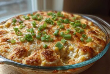 Close-up of a hot, creamy corn dip baked in a glass dish, topped with melted cheese and chopped green onions.