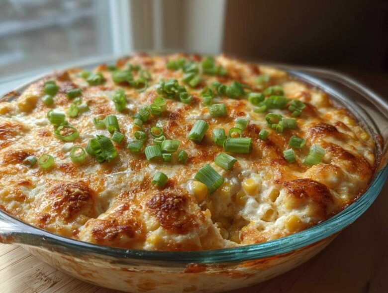 Close-up of a hot, creamy corn dip baked in a glass dish, topped with melted cheese and chopped green onions.