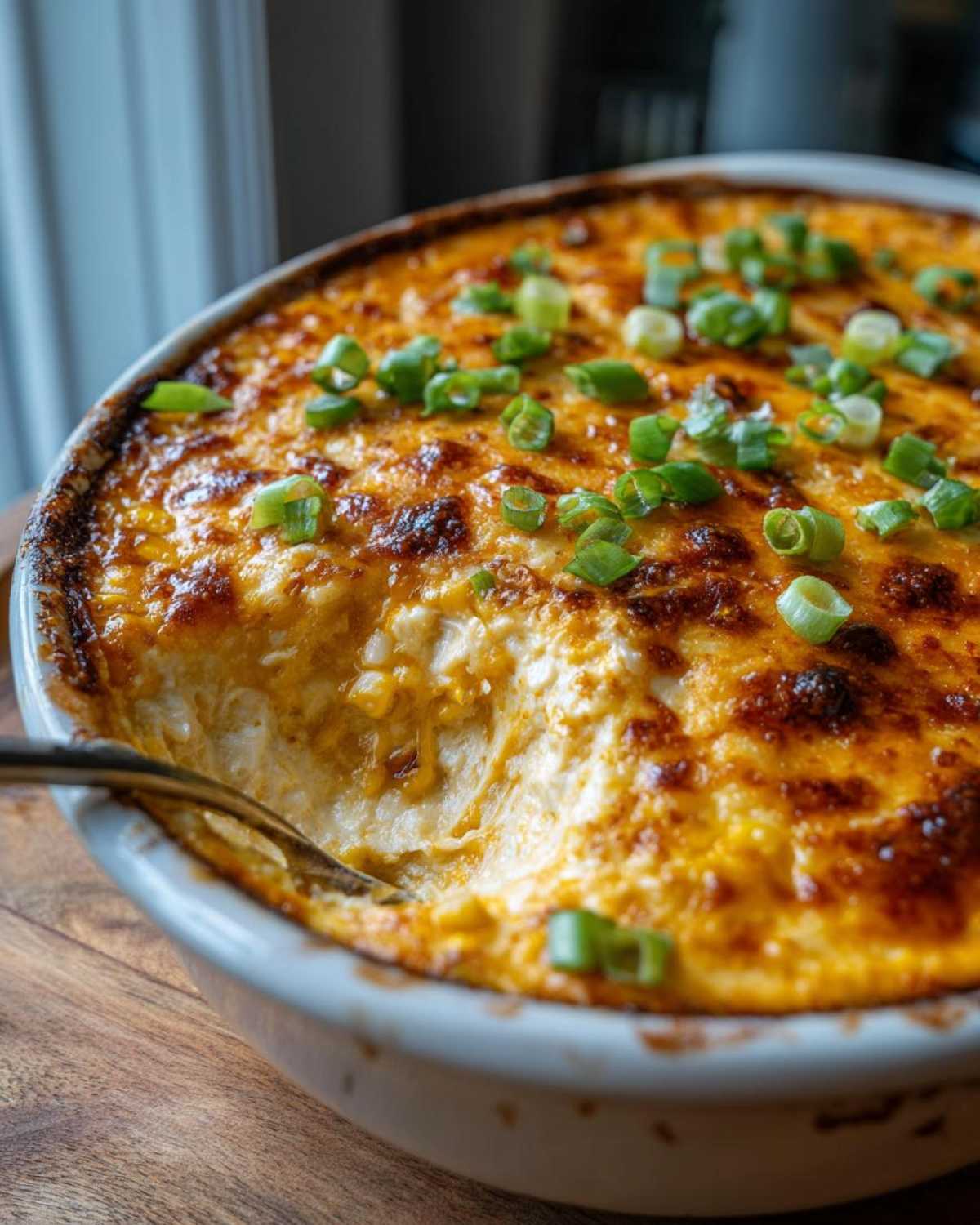 Close-up of a hot, creamy corn dip with a browned, cheesy top, garnished with green onions, being scooped by a spoon.