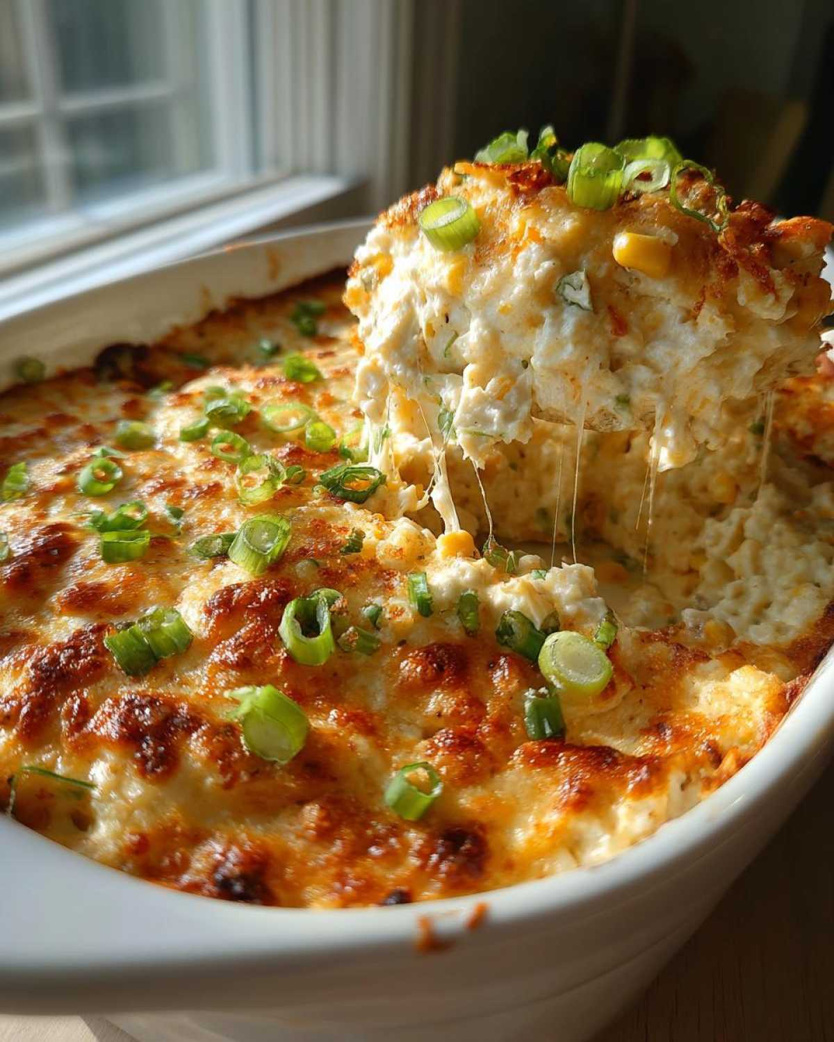 A spoonful of hot, cheesy, creamy corn dip being lifted from a white baking dish, showing cheese pull.