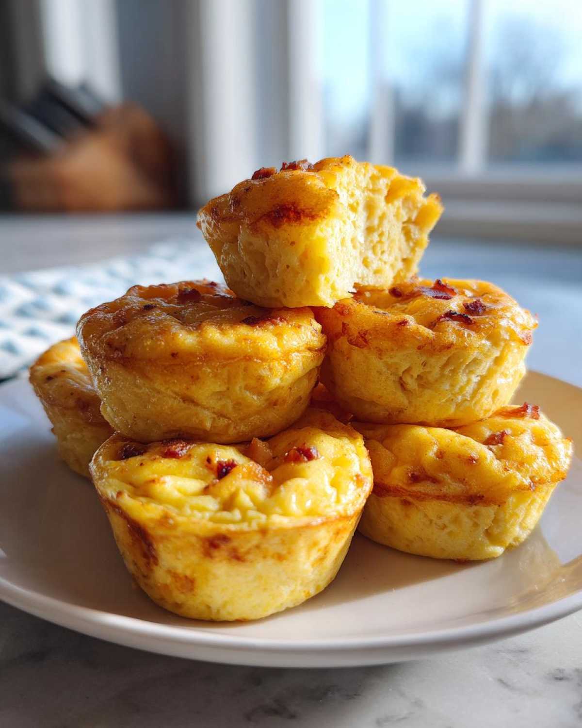 A stack of golden baked egg bites, one on top broken open to show the fluffy interior.