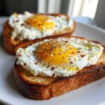 Two slices of delicious egg toast topped with creamy white cheese and heavily seasoned with pepper and chili flakes.