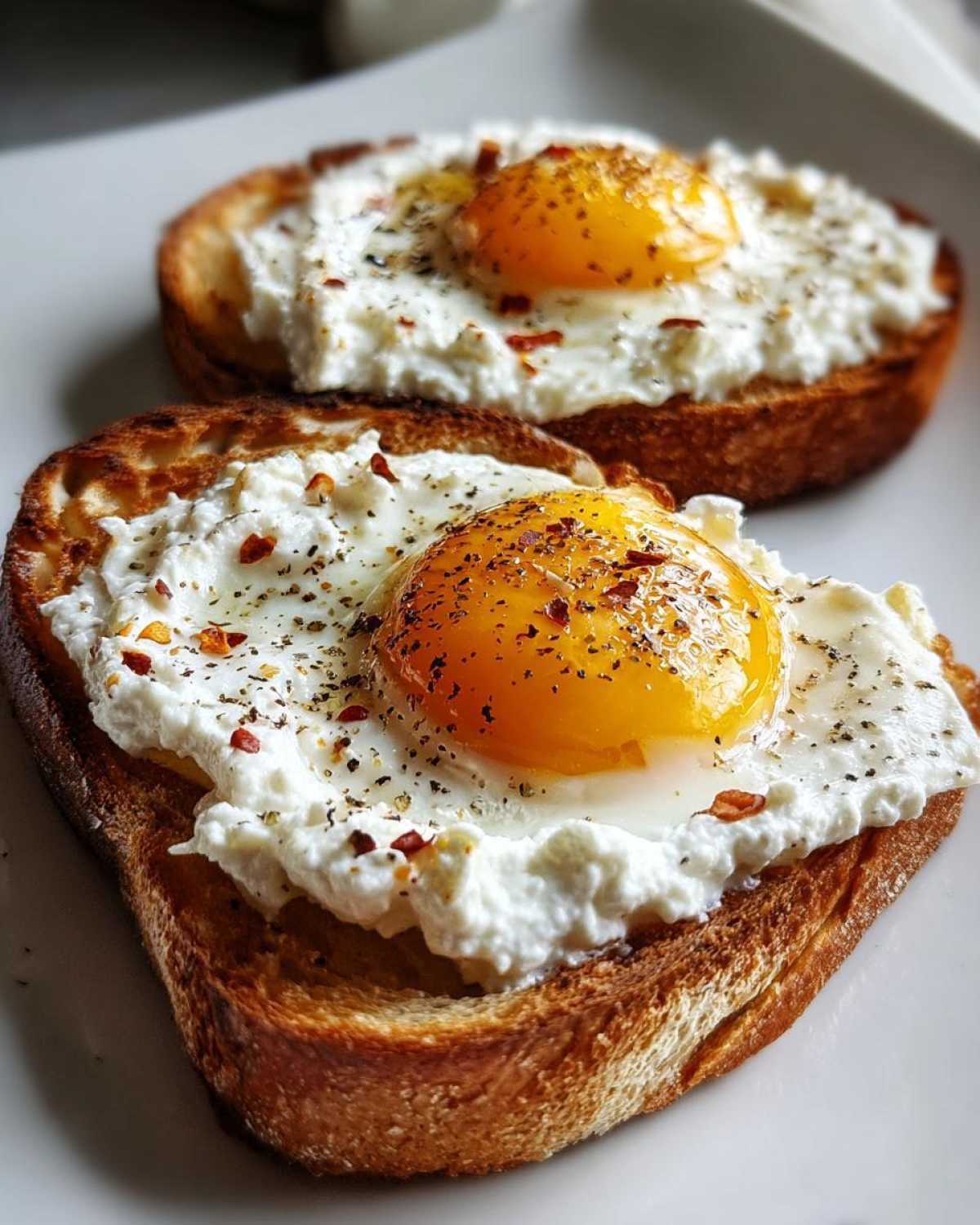 Two slices of delicious egg toast topped with creamy ricotta cheese and a sunny-side-up egg, sprinkled with pepper and chili flakes.