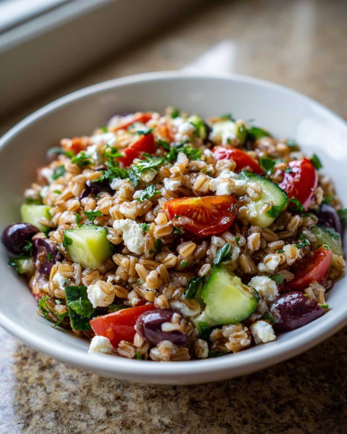 A close-up shot of a vibrant farro salad mixed with cucumbers, tomatoes, feta cheese, and Kalamata olives.