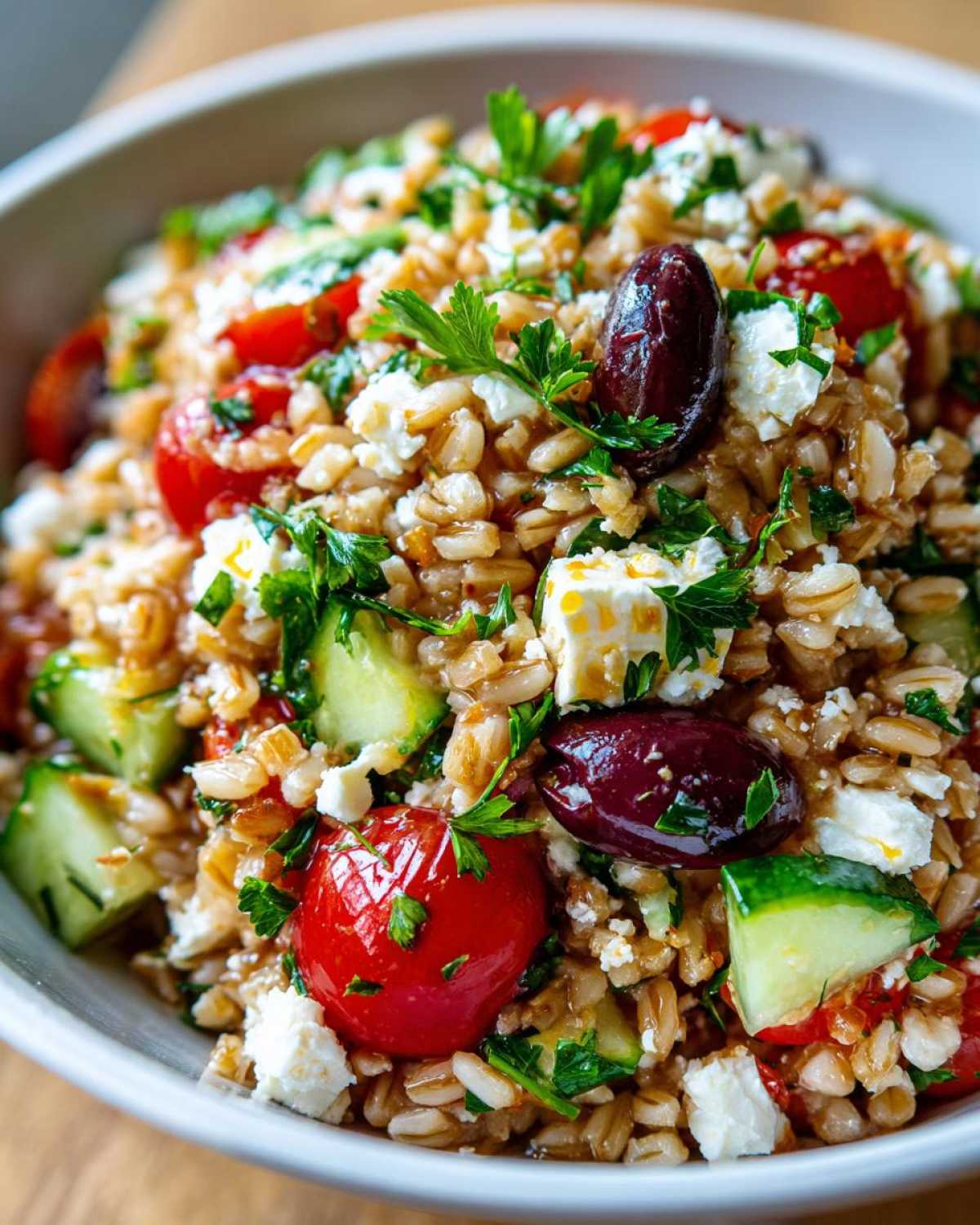 A close-up view of a vibrant farro salad featuring farro grains, cherry tomatoes, cucumber chunks, feta cheese, and Kalamata olives.