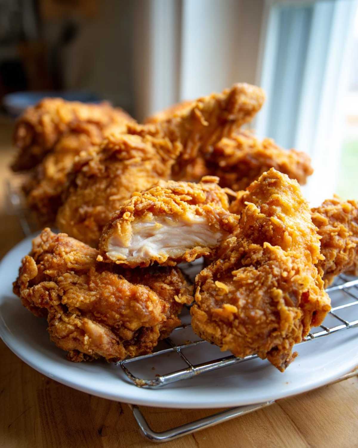Close-up of perfectly crispy fried chicken pieces resting on a wire rack, showing the juicy interior of one cut piece.