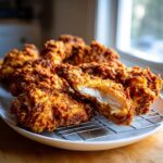 Close-up of perfectly cooked fried chicken pieces with an extra crispy coating, one piece is broken open showing juicy white meat.