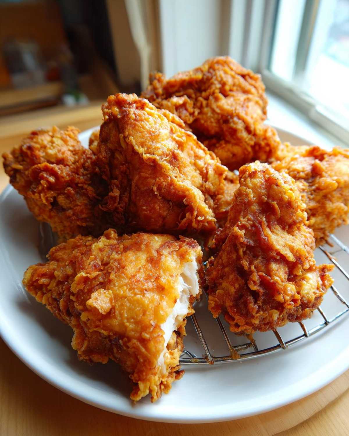Several pieces of golden brown, crispy fried chicken resting on a wire rack over a white plate.