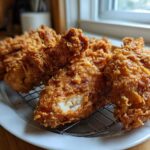 Close-up of several pieces of perfectly crispy, golden brown fried chicken resting on a wire rack over a white plate.