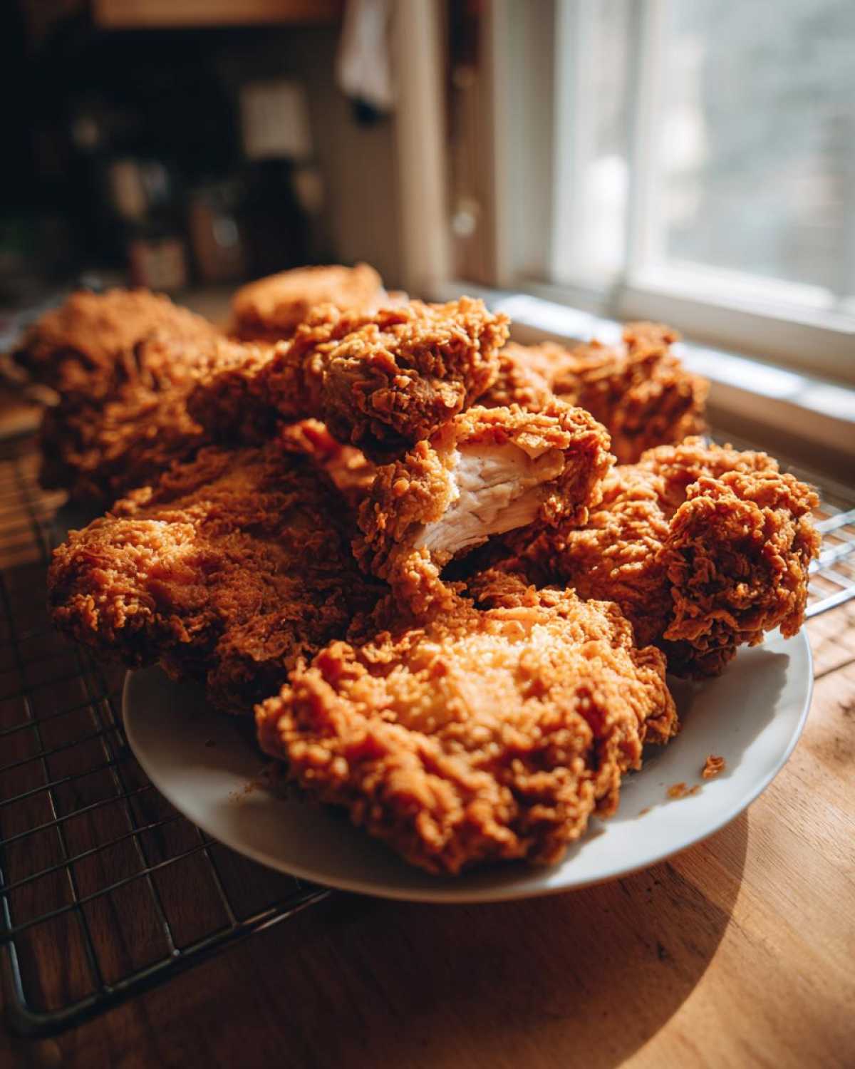 A plate piled high with golden brown, crispy fried chicken, with one piece broken open showing juicy white meat.