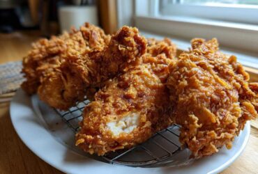 Close-up of several pieces of perfectly crispy, golden brown fried chicken resting on a wire rack over a white plate.