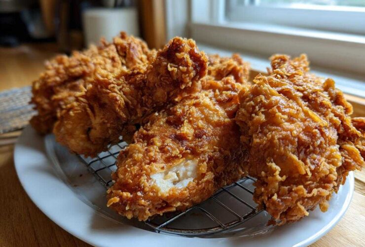 Close-up of several pieces of perfectly crispy, golden brown fried chicken resting on a wire rack over a white plate.